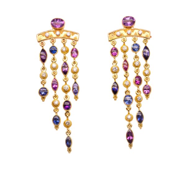 22k Gold Multi-Color Sapphire Chandelier Earrings