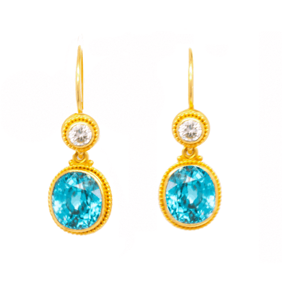 22k Gold Blue Zircon Diamond French Wire Earrings