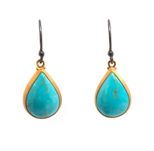 Gold Turquoise Pear Cabochon Earrings