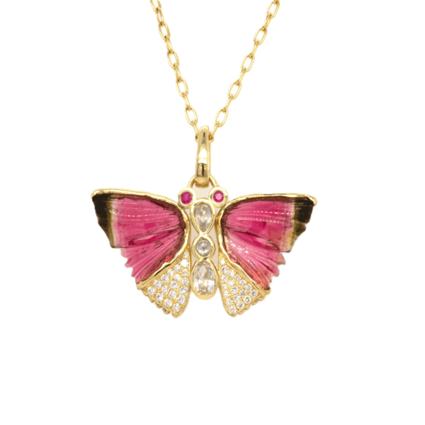 18k Gold Tourmaline Slice Butterfly Pendant