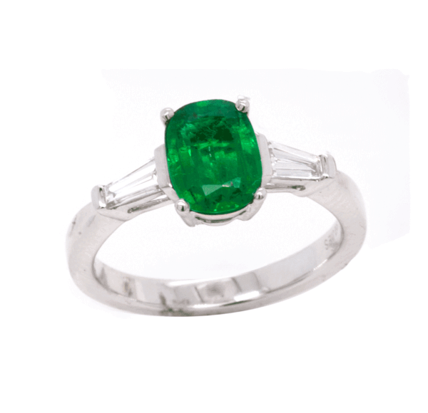 Platinum 1.08ct Vivid Green Emerald Baguette Diamond Ring