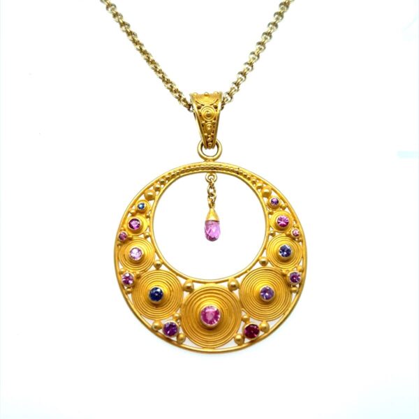 22K Spiral Chakra Pendant Pink, Blue, and Purple Sapphires