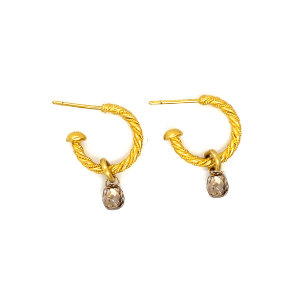 22k gold twist hoops and cognac diamond briolette earrings