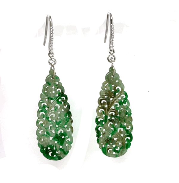 Lacey carved jade pave' french wire earrings
