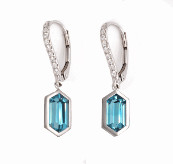18k white gold hexagonal blue zircon drop earrings
