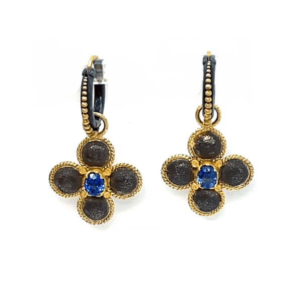 18k Gold & Oxidized Silver Sapphire Clover Earrings