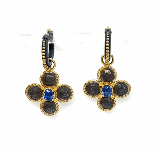18k gold oxidized sterling silver sapphire clover drop earrings