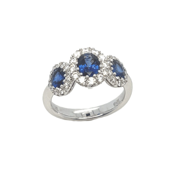 Sapphire and Diamond Three Stone Halo Ring