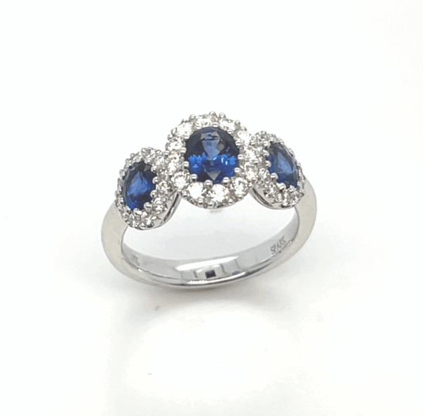 Sapphire and Diamond Three Stone Halo Ring