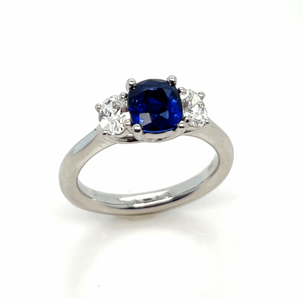 Platinum 1.60ct Ceylon Sapphire and Diamond 3 Stone Cushion Ring