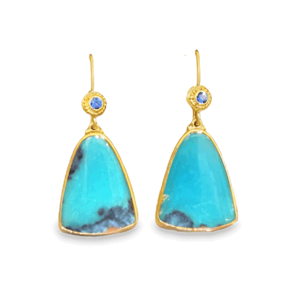 22k Yellow Gold Chrysocolla, Blue Sapphire Earrings