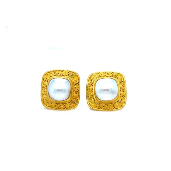 22k,18k gold Susie Spiral Button Earrings with Freshwater Mabe Pearl