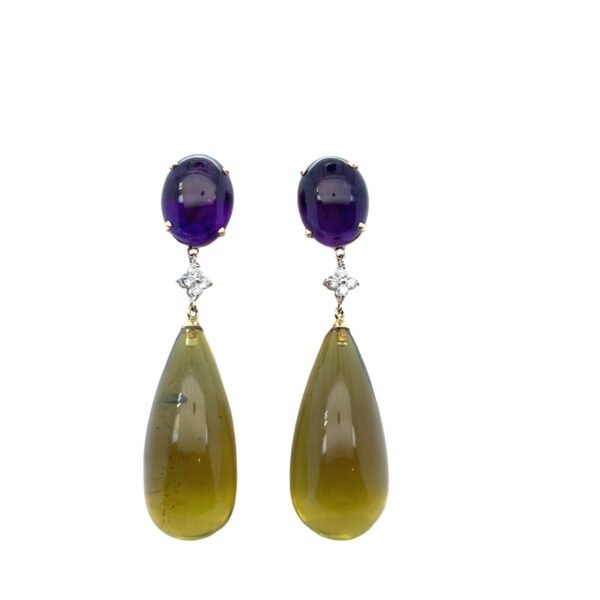 18K Yellow Gold Green Amber & Amethyst Drop Earrings with Diamonds in Platinum by Brad Weber