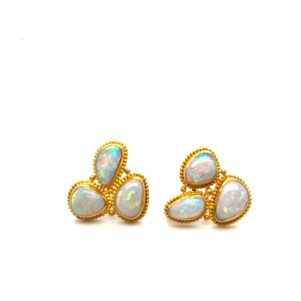 Jawan Cluster" Stud Earrings With White Australian Opal, 22k, 18k Gold