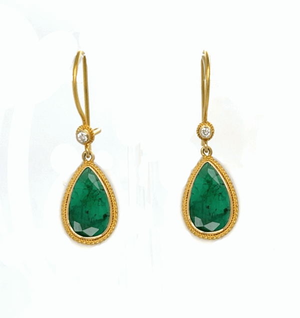 18K Gold Emerald & Diamond Drop Earrings