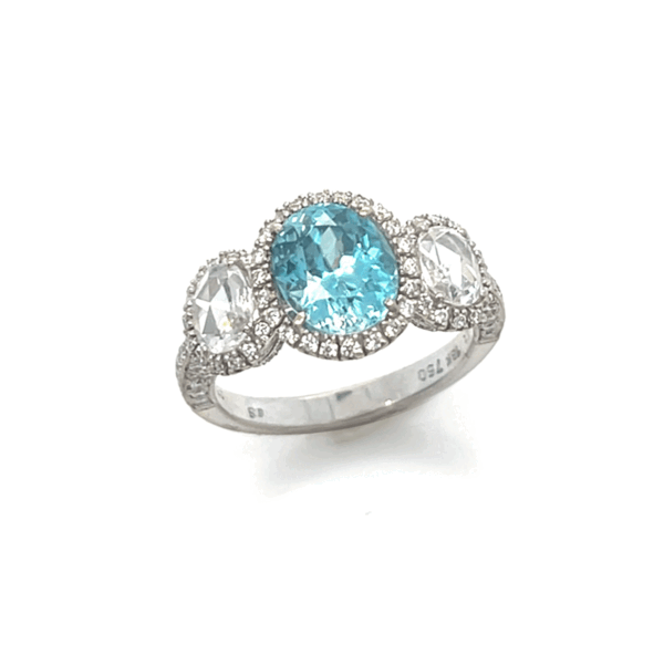 18KW Oval Blue Zircon Ring with Rose-Cut Diamonds