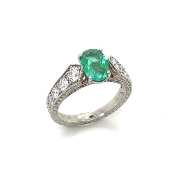 14K Gold Engraved Ring with Oval Emerald and Diamonds