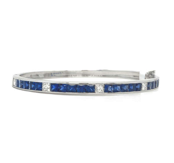 18K White Gold Blue Sapphire and Diamond Bangle Bracelet