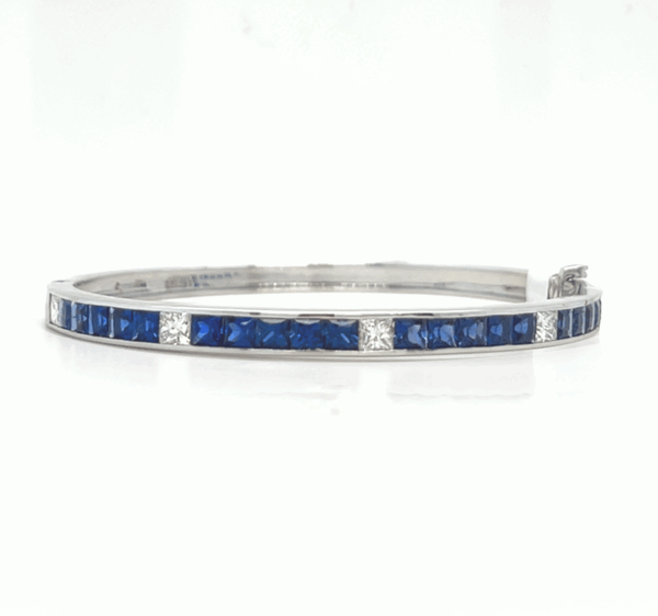 18K White Gold Blue Sapphire and Diamond Bangle Bracelet