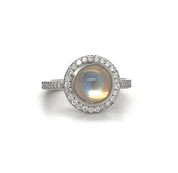 Rainbow Moonstone Pavé Halo Ring by Brad Weber