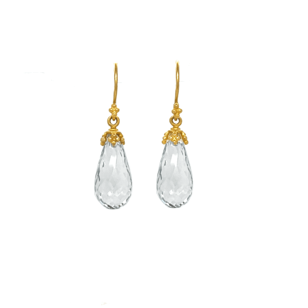 22K Gold Quartz Crystal Briolette Teardrop Earrings