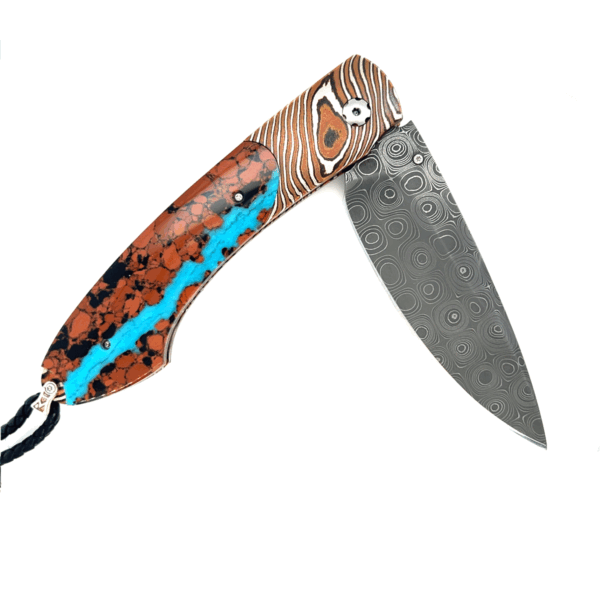 Folding Knife with Mokume Gane, Lava Rock with Turquoise, and Damascus Blade