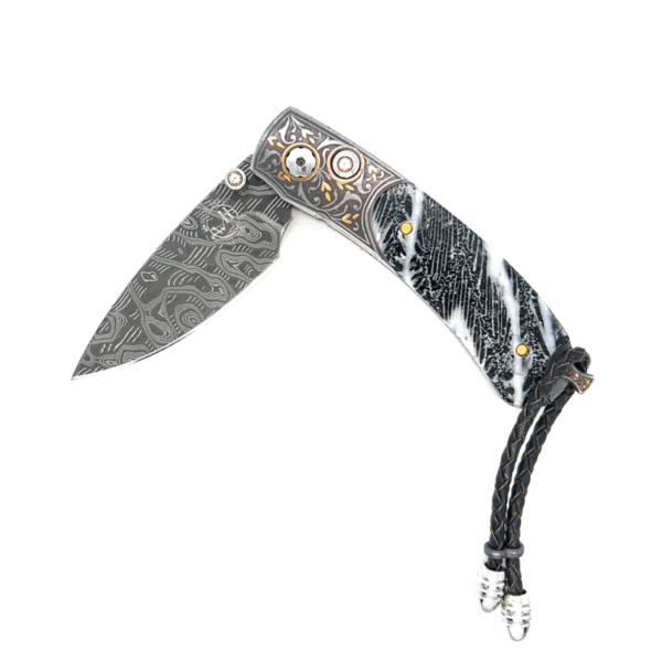 Koftgari Sterling Silver & 24K Gold Knife – Brain Coral Inlay, Damascus Steel, White Topaz