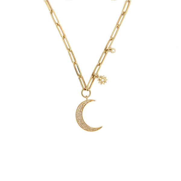14K Gold Diamond Moon Pendant with Paperclip Chain