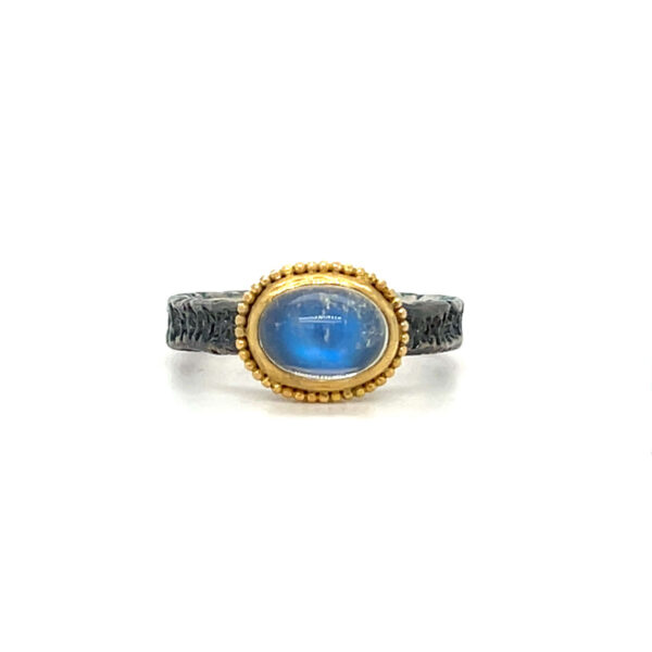 18K Yellow Gold & Oxidized Silver Oval Blue Moonstone Ring