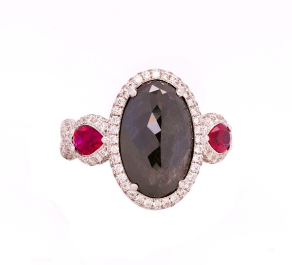18K White Gold Black Diamond & Ruby Statement Ring
