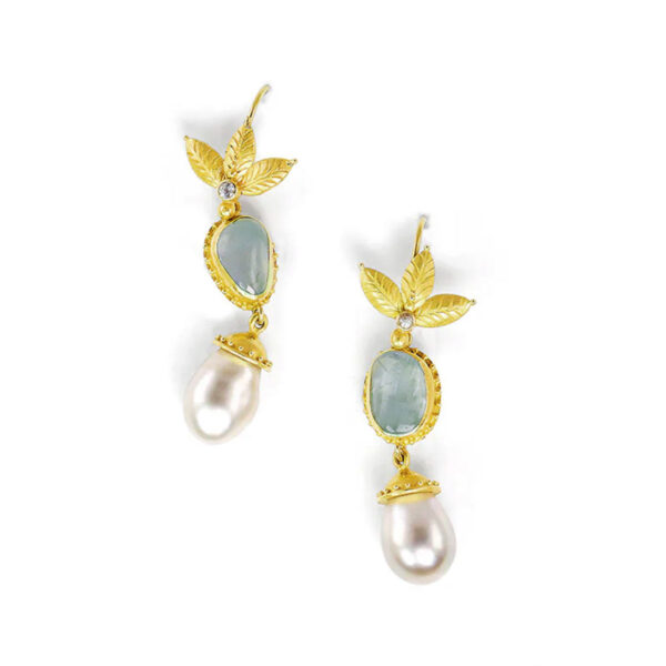 22K & 18K Gold Tahitian Pearl and Aquamarine Honey Flower Studs