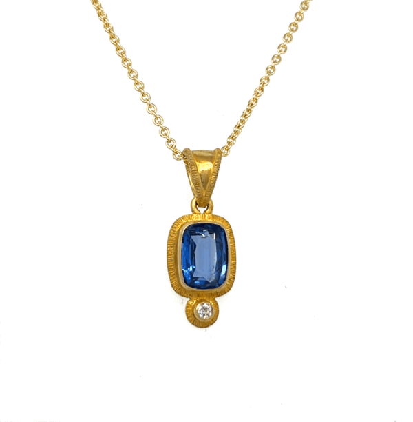 18K Yellow Gold Cushion Kyanite & Diamond Accent Pendant