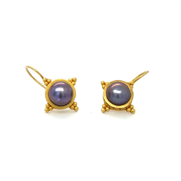 22K Yellow Gold Solo Hook Eggplant Freshwater Button Pearl Earrings