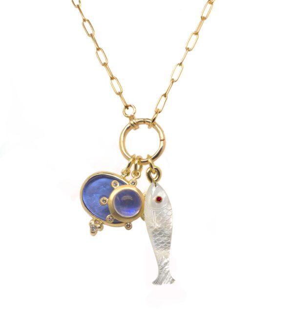 14K Yellow Gold Mother-of-Pearl Carved Fish Pendant with Ruby Eye