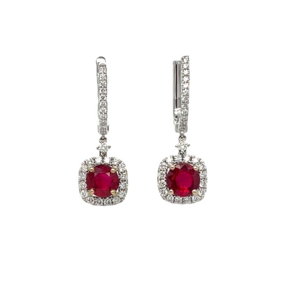 18K Gold Ruby & Diamond Halo Drop Earrings