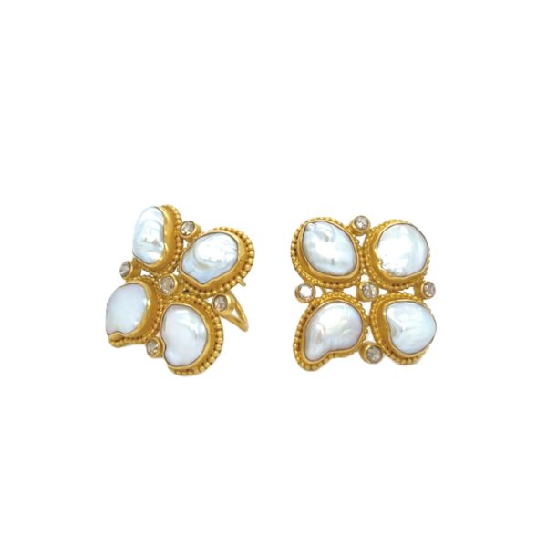 22K Gold Keshi Pearl Earrings with Rose Cut Diamonds