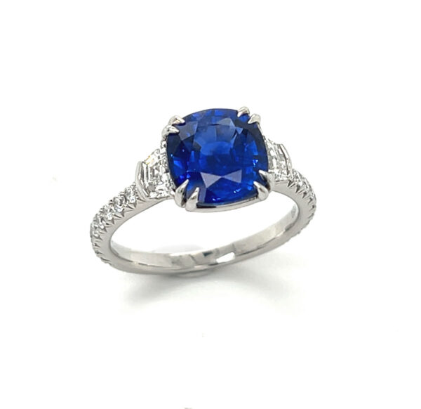 3.40ct Royal Blue Cushion Sapphire Ring