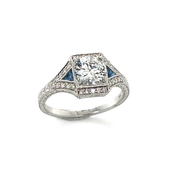 14K White Gold Engraved Semi-Mount Diamond and Sapphire Ring