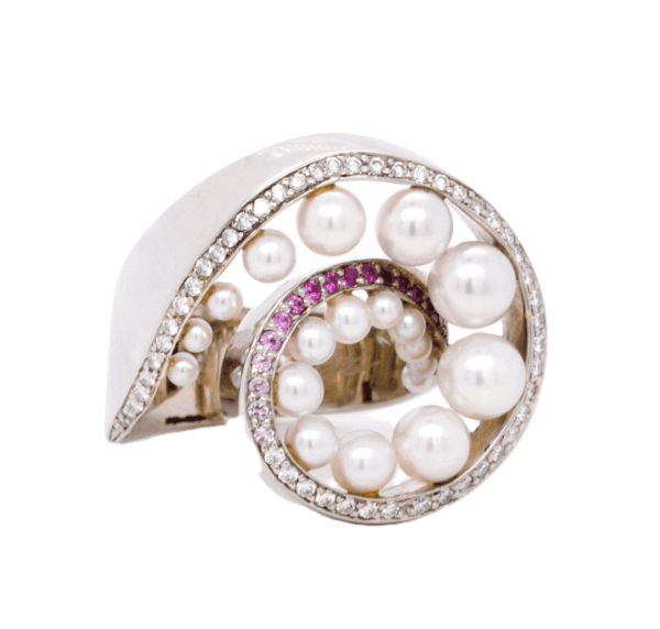 18KW ARIEL Ring with White Pearls, Diamonds & Rubies