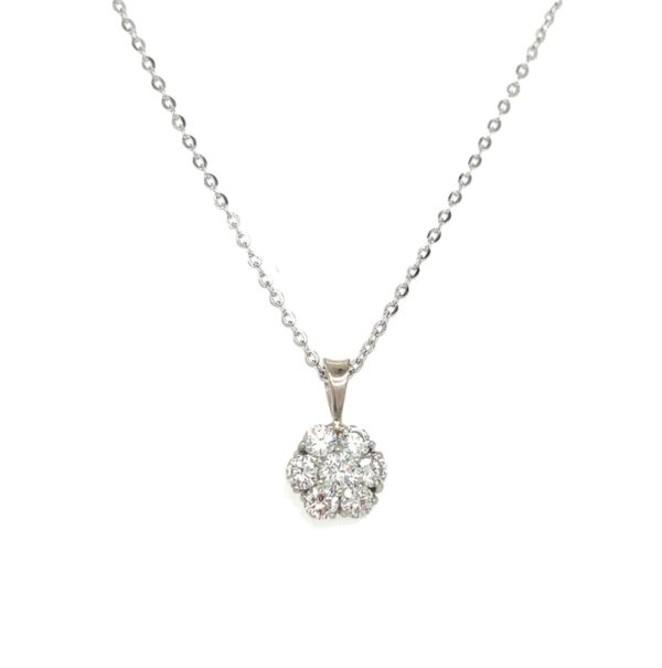 14K White Gold Cluster Diamond Pendant Necklace