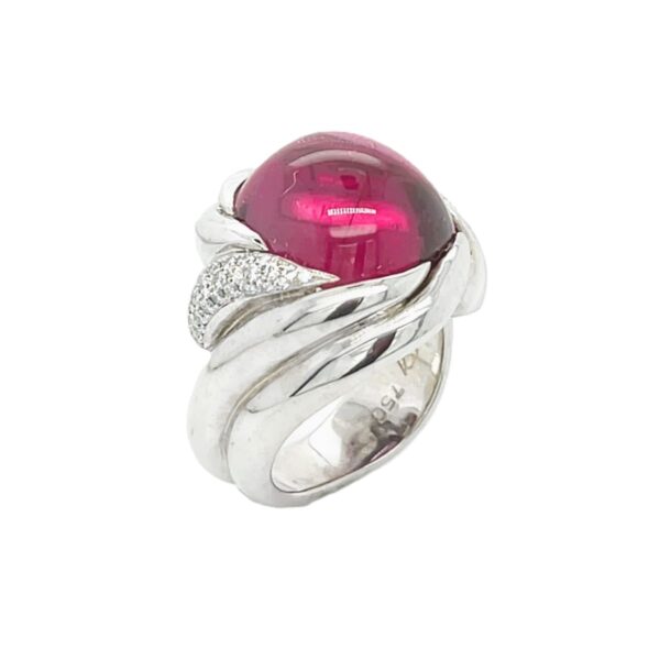 18K Gold Cabochon Rubellite Tourmaline & Diamond Accents Ring By Brad Weber