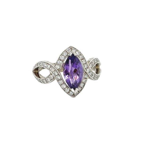 18K Gold Hand-Engraved Purple Sapphire & Diamond Ring By Brad Weber