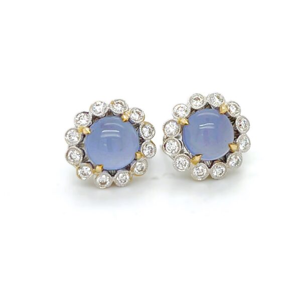 18K Gold Earrings with Chalcedony Cabochons & Diamond
