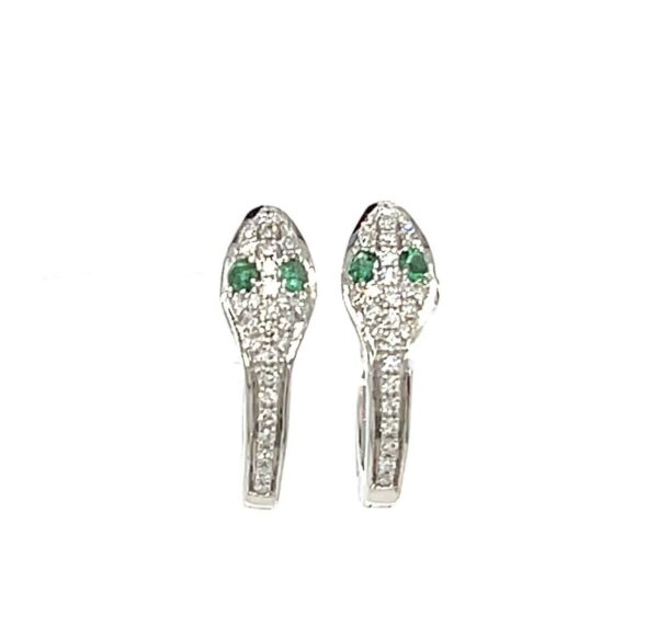 14K White Gold Snake Huggie Earrings with Diamonds & Emerald Accents