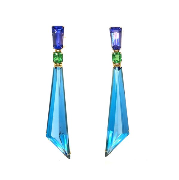 18K Yellow Gold London Blue Topaz, Tanzanite & Tsavorite Earrings
