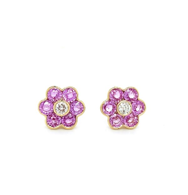 14K Yellow Gold Pink Sapphire & Diamond Flower Stud Earrings