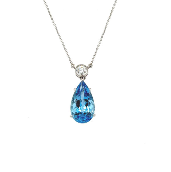 18K White Gold Pear Aquamarine & Diamond Pendant Necklace By Brad Weber
