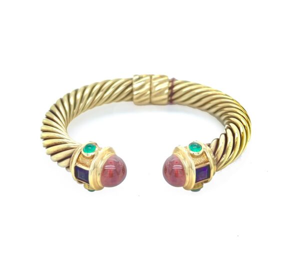 David Yurman 14K Yellow Gold Cable Cuff Bracelet with Tourmaline, Emerald & Amethyst