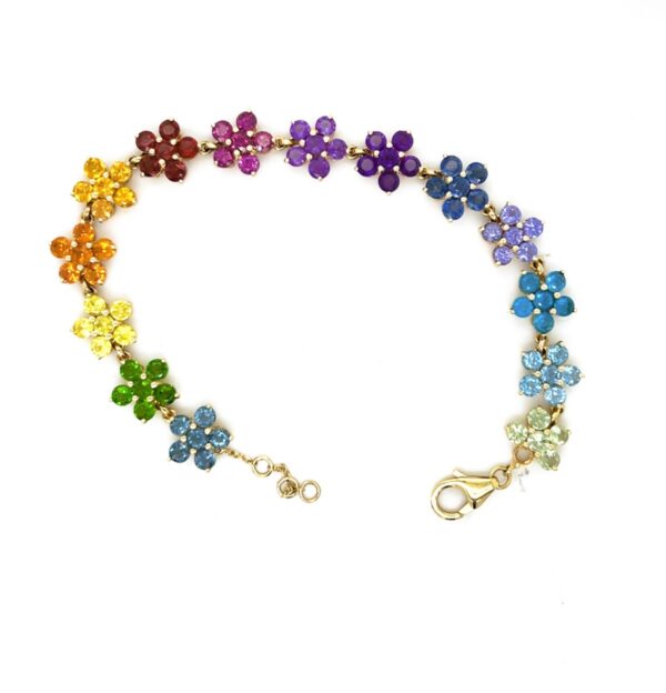 14K Yellow Gold Multi-Gemstone Flower Link Bracelet