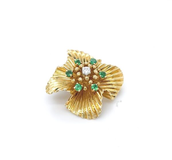 Vintage 14K Yellow Gold “Fireworks” Emerald & Diamond Pin